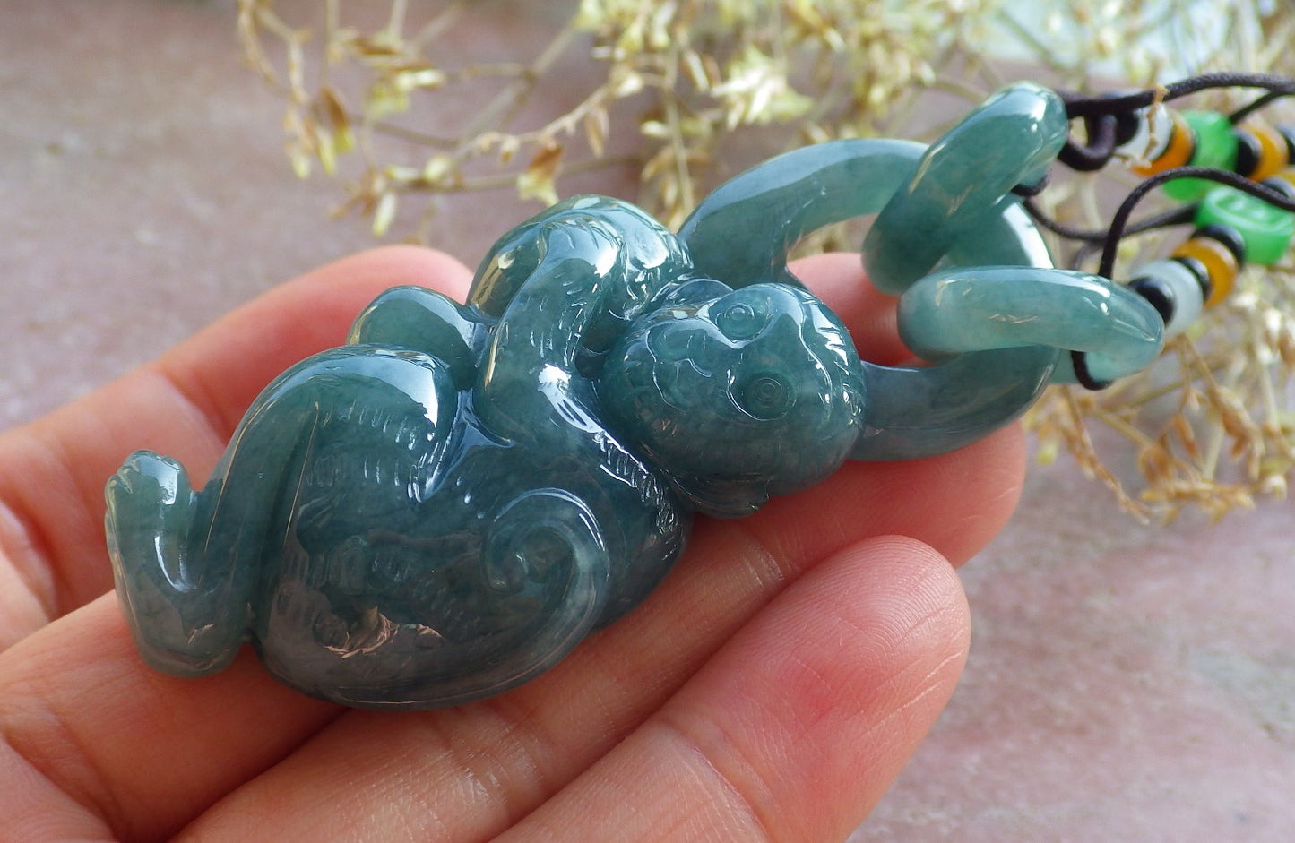 Certified Icy Green Burma 100% Natural A Jade jadeite Pendant Monkey Peach W Ring 猴子 642166  TN