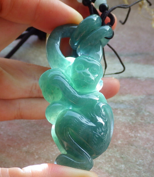 Certified Icy Green Burma 100% Natural A Jade jadeite Pendant Monkey Peach W Ring 猴子 642166  TN