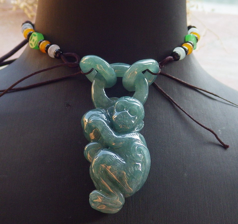 Certified Icy Green Burma 100% Natural A Jade jadeite Pendant Monkey Peach W Ring 猴子 642166  TN