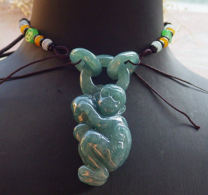Certified Icy Green Burma 100% Natural A Jade jadeite Pendant Monkey Peach W Ring 猴子 642166  TN