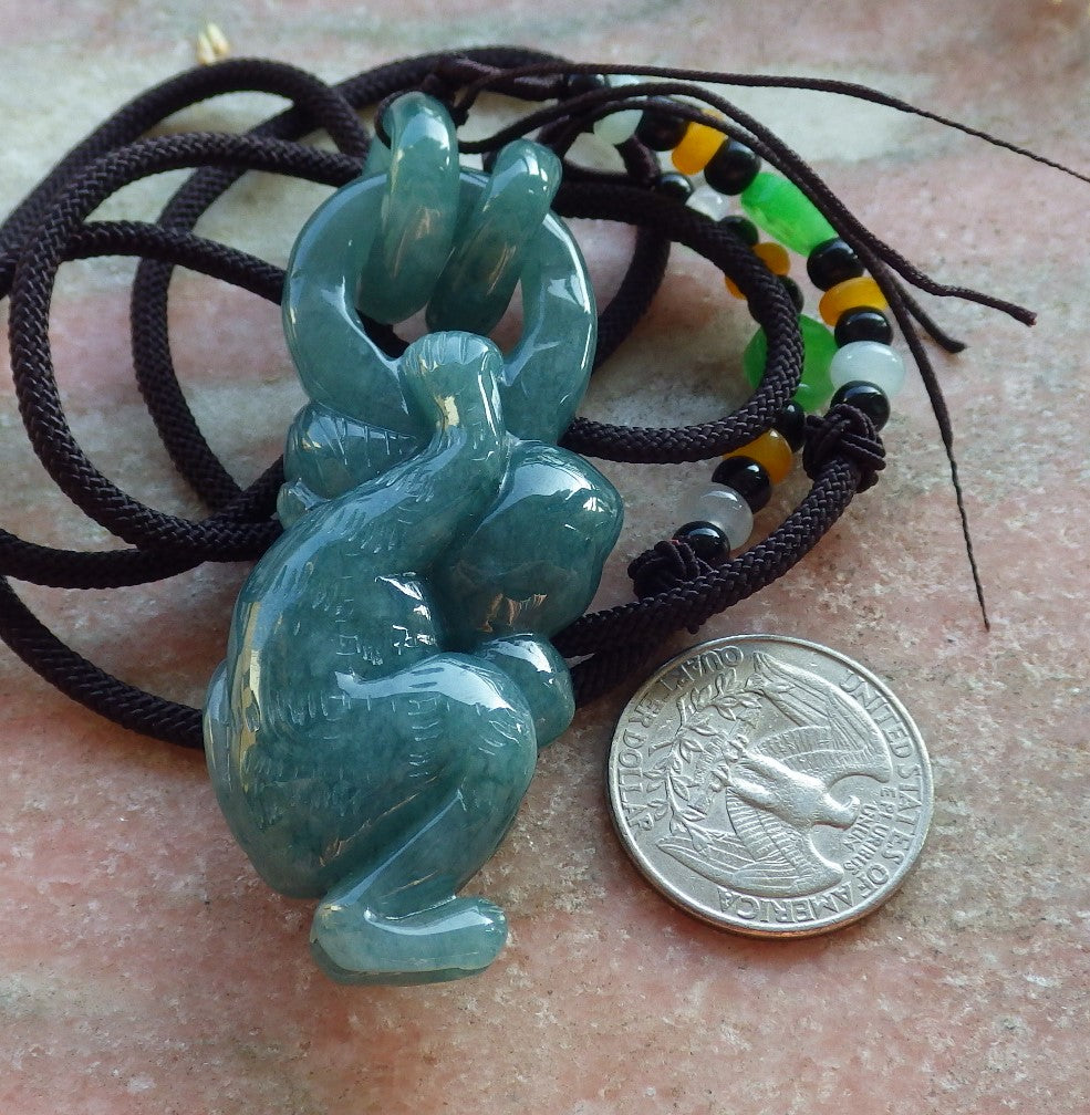 Certified Icy Green Burma 100% Natural A Jade jadeite Pendant Monkey Peach W Ring 猴子 642166  TN
