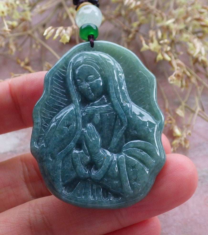 Certified Green Burma 100% Natural A Jade jadeite pendant Virgin Mary Necklace 圣母 642346  TN
