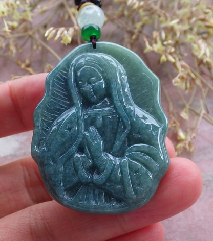 Certified Green Burma 100% Natural A Jade jadeite pendant Virgin Mary Necklace 圣母 642346  TN