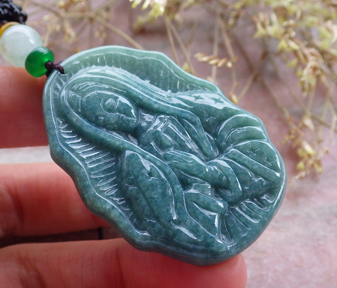 Certified Green Burma 100% Natural A Jade jadeite pendant Virgin Mary Necklace 圣母 642346  TN