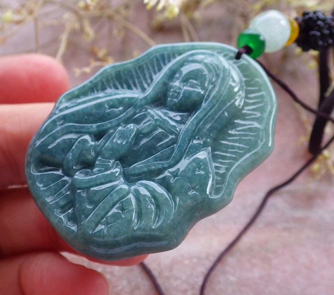 Certified Green Burma 100% Natural A Jade jadeite pendant Virgin Mary Necklace 圣母 642346  TN
