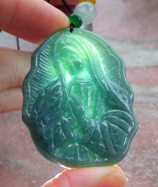 Certified Green Burma 100% Natural A Jade jadeite pendant Virgin Mary Necklace 圣母 642346  TN