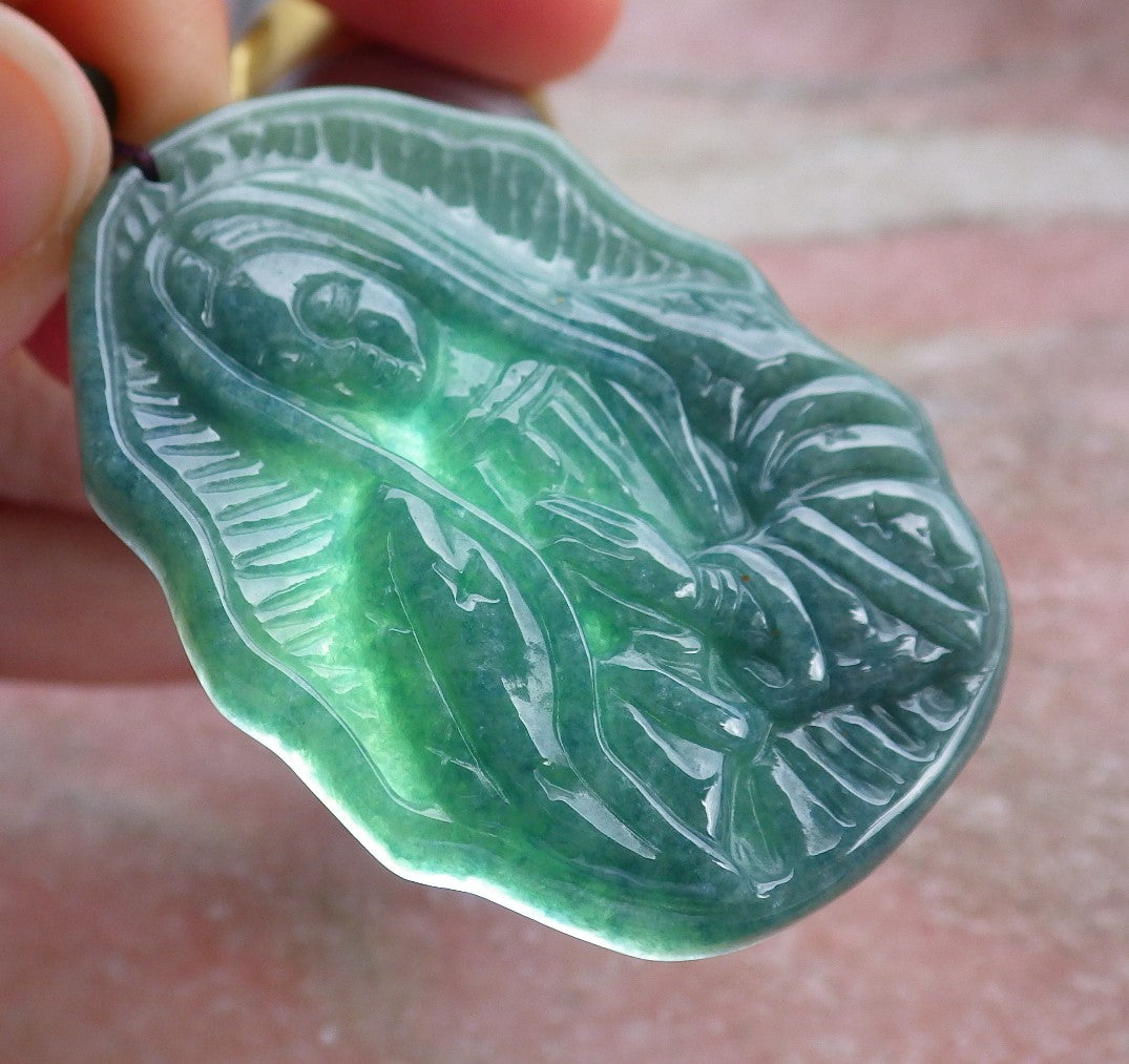 Certified Green Burma 100% Natural A Jade jadeite pendant Virgin Mary Necklace 圣母 642346  TN