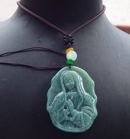 Certified Green Burma 100% Natural A Jade jadeite pendant Virgin Mary Necklace 圣母 642346  TN