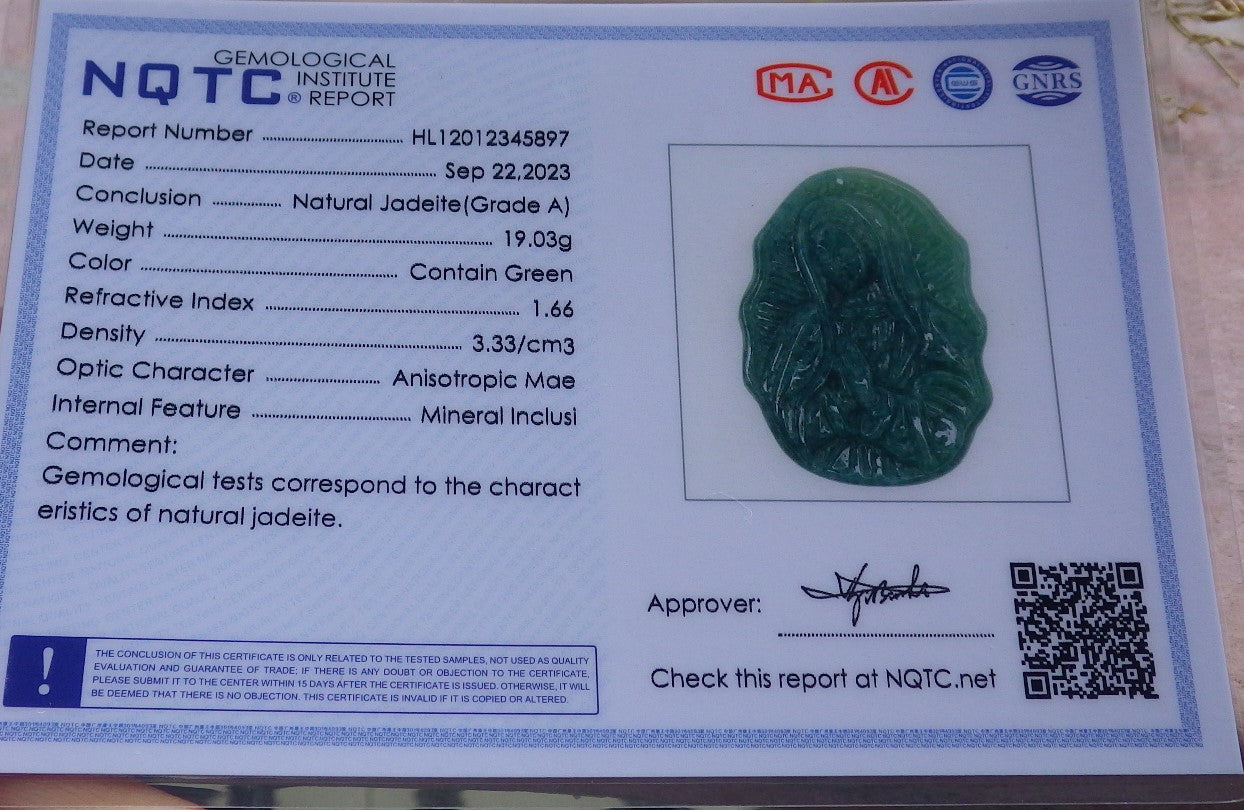Certified Green Burma 100% Natural A Jade jadeite pendant Virgin Mary Necklace 圣母 642346  TN