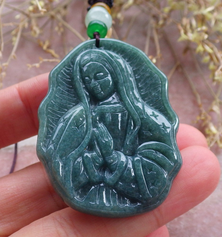 Certified Green Burma 100% Natural A Jade jadeite pendant Virgin Mary Necklace 圣母 642354  TN