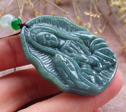 Certified Green Burma 100% Natural A Jade jadeite pendant Virgin Mary Necklace 圣母 642354  TN