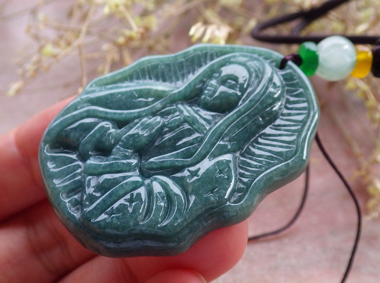 Certified Green Burma 100% Natural A Jade jadeite pendant Virgin Mary Necklace 圣母 642354  TN