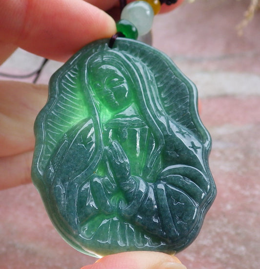 Certified Green Burma 100% Natural A Jade jadeite pendant Virgin Mary Necklace 圣母 642354  TN