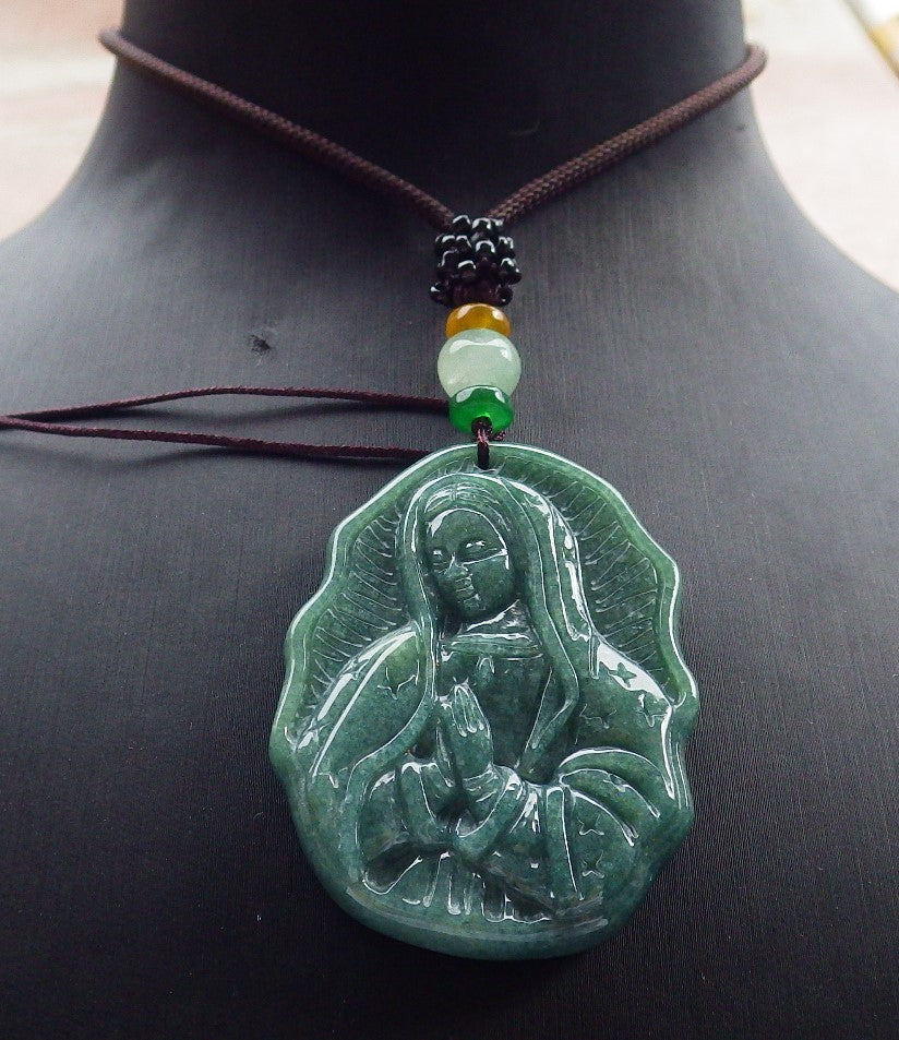 Certified Green Burma 100% Natural A Jade jadeite pendant Virgin Mary Necklace 圣母 642354  TN