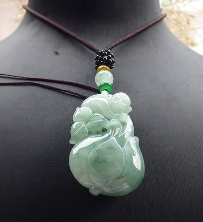 Certified Green Burma 100% Natural A Jade jadeite Pendant Monkey Flower Necklace 猴子 642361  TN