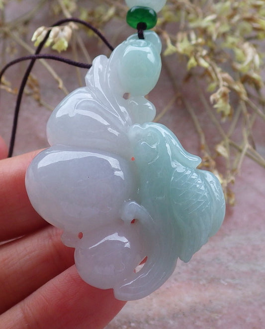 Certified Green Burma 100% Natural A Jade jadeite Pendant Phoenix Bird Gourd Ruyi Necklace 642370  TN