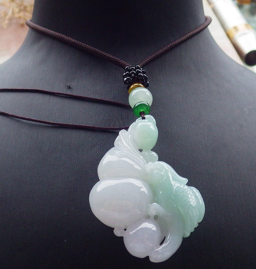Certified Green Burma 100% Natural A Jade jadeite Pendant Phoenix Bird Gourd Ruyi Necklace 642370  TN