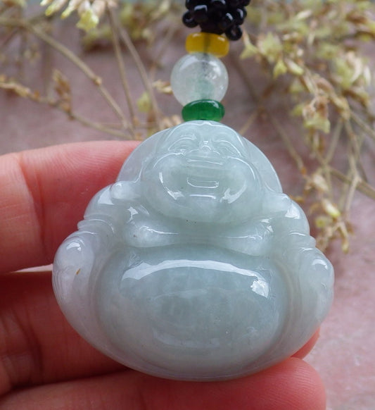 Certified Green Burma 100% Natural A Jade jadeite pendant Happy Buddha God Necklace 开心佛 642427  TN