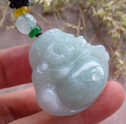 Certified Green Burma 100% Natural A Jade jadeite pendant Happy Buddha God Necklace 开心佛 642427  TN
