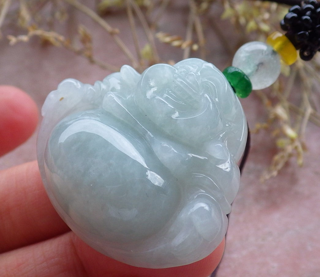 Certified Green Burma 100% Natural A Jade jadeite pendant Happy Buddha God Necklace 开心佛 642427  TN