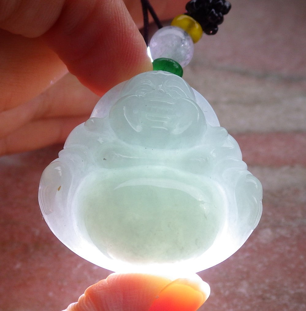 Certified Green Burma 100% Natural A Jade jadeite pendant Happy Buddha God Necklace 开心佛 642427  TN