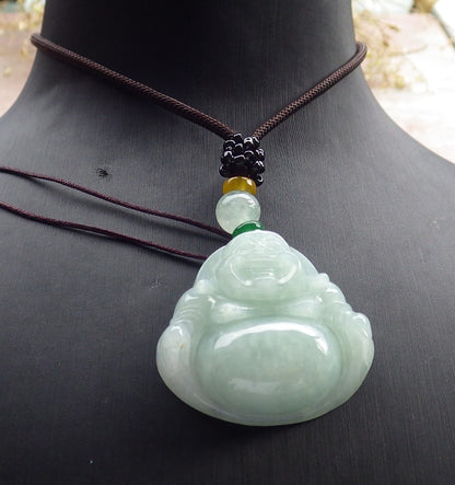 Certified Green Burma 100% Natural A Jade jadeite pendant Happy Buddha God Necklace 开心佛 642427  TN