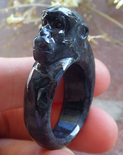 Certified Black Burma 100% Natural A JADE Jadeite Monkey RING USA. 10 戒指 642551  TN