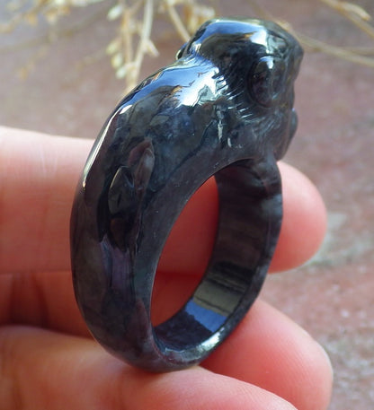 Certified Black Burma 100% Natural A JADE Jadeite Monkey RING USA. 10 戒指 642551  TN