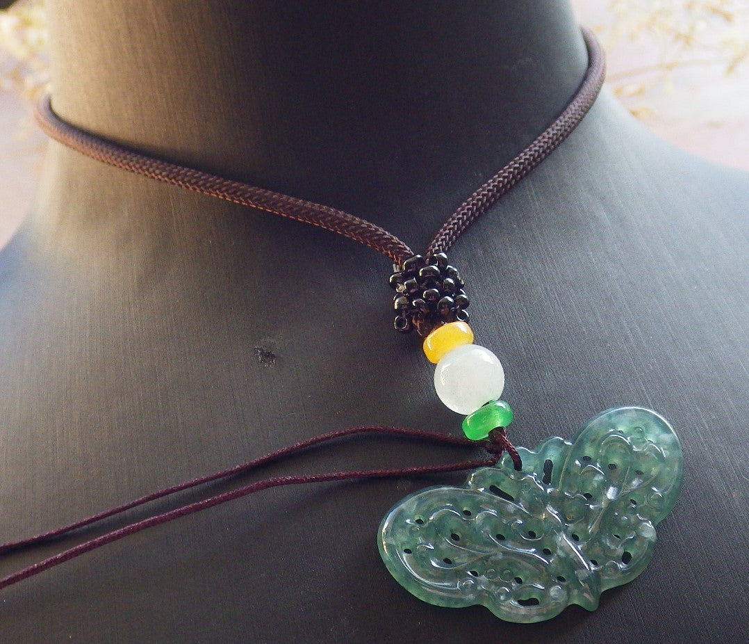 Certified Icy Green Burma 100% Natural A Jade jadeite Pendant Butterfly Neckace 蝴蝶 642572  TN