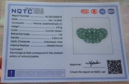 Certified Icy Green Burma 100% Natural A Jade jadeite Pendant Butterfly Neckace 蝴蝶 642572  TN