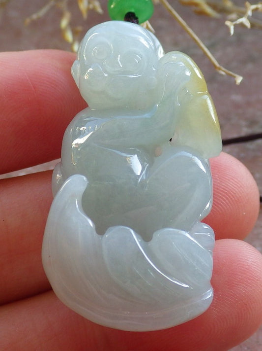 Certified Green Yellow Burma 100% Natural A Jade jadeite Pendant Monkey Coin Ruyi Necklace 猴子 642579  TN