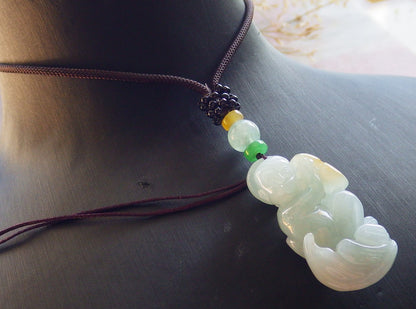 Certified Green Yellow Burma 100% Natural A Jade jadeite Pendant Monkey Coin Ruyi Necklace 猴子 642579  TN