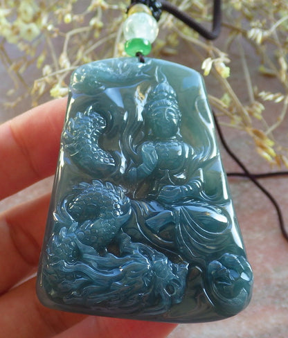 Certified Icy Green Burma 100% Natural A Jade jadeite Pendant Guanyin Kwan Yin Dragon Necklace 观音 642590  TN