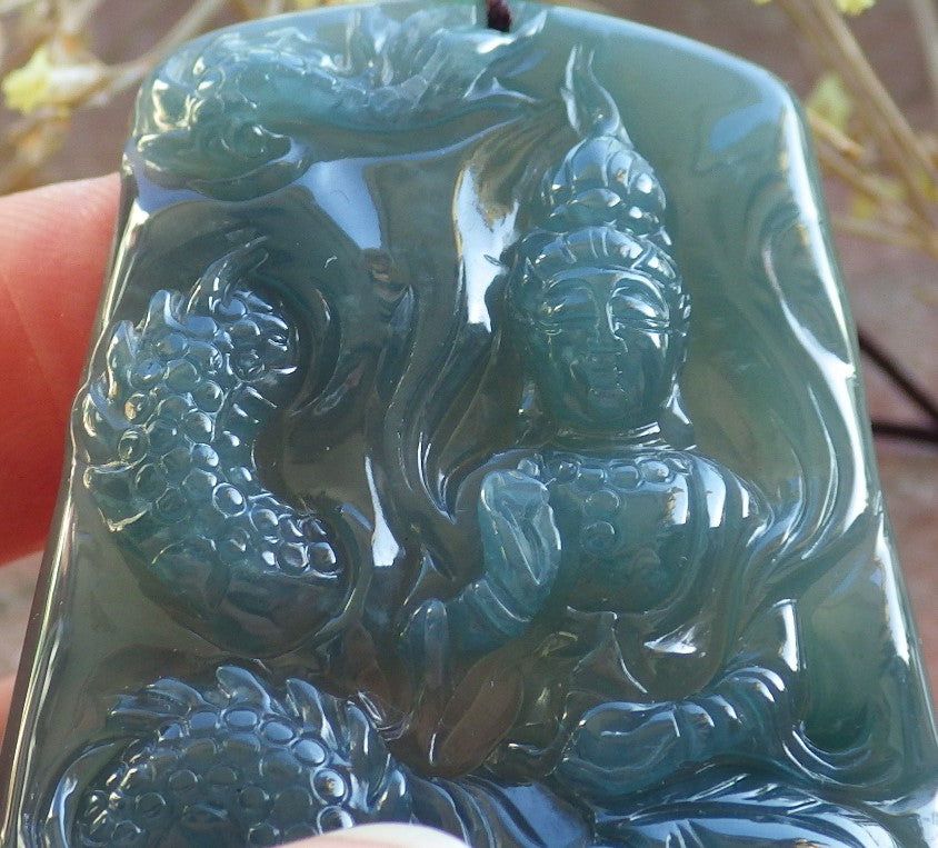 Certified Icy Green Burma 100% Natural A Jade jadeite Pendant Guanyin Kwan Yin Dragon Necklace 观音 642590  TN