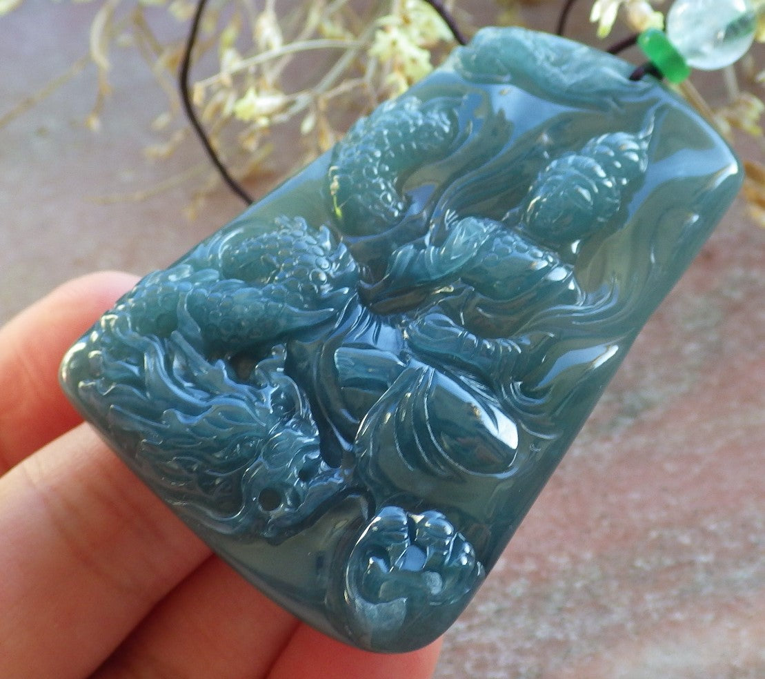 Certified Icy Green Burma 100% Natural A Jade jadeite Pendant Guanyin Kwan Yin Dragon Necklace 观音 642590  TN