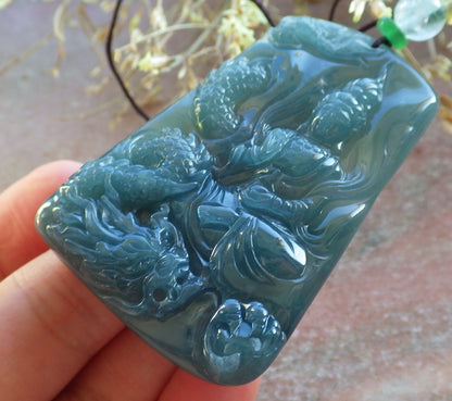 Certified Icy Green Burma 100% Natural A Jade jadeite Pendant Guanyin Kwan Yin Dragon Necklace 观音 642590  TN