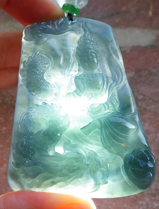 Certified Icy Green Burma 100% Natural A Jade jadeite Pendant Guanyin Kwan Yin Dragon Necklace 观音 642590  TN
