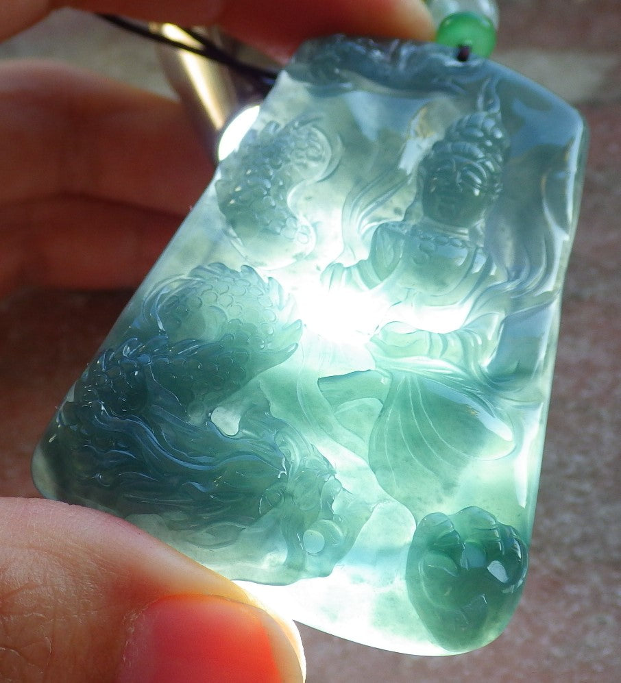 Certified Icy Green Burma 100% Natural A Jade jadeite Pendant Guanyin Kwan Yin Dragon Necklace 观音 642590  TN