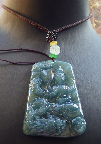 Certified Icy Green Burma 100% Natural A Jade jadeite Pendant Guanyin Kwan Yin Dragon Necklace 观音 642590  TN