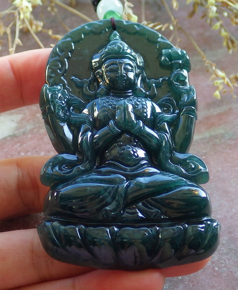Certified Icy Blue Water Green Burma 100% Natural A Jade jadeite Pendant Guanyin Kwan Yin Lotus Flower Necklace 观音 642601  TN