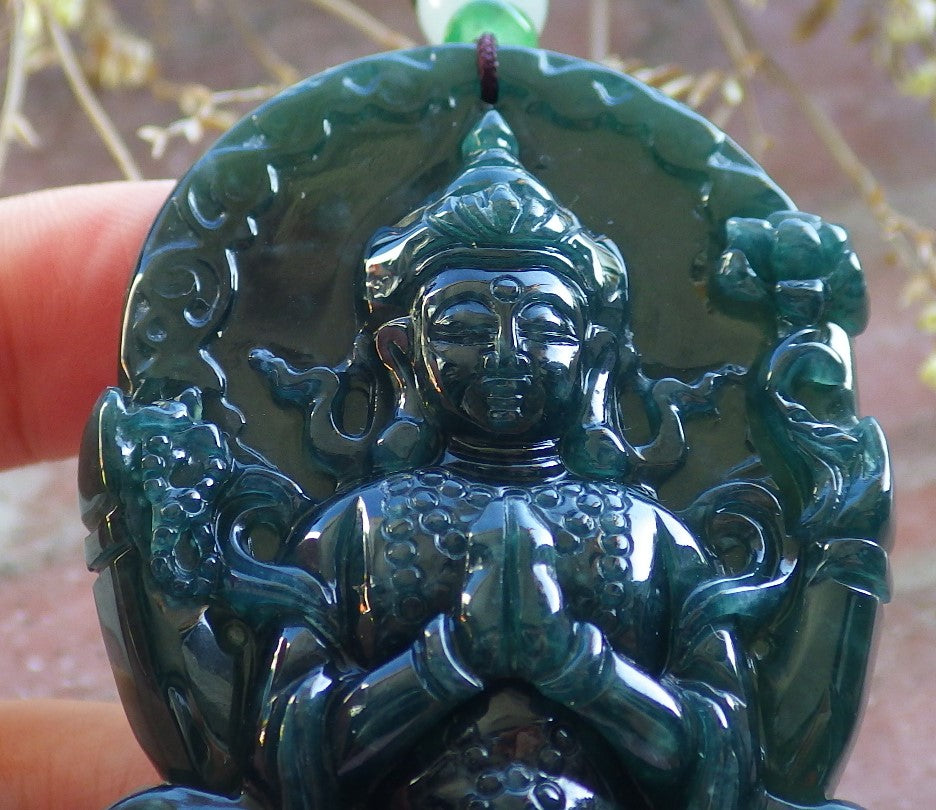 Certified Icy Blue Water Green Burma 100% Natural A Jade jadeite Pendant Guanyin Kwan Yin Lotus Flower Necklace 观音 642601  TN