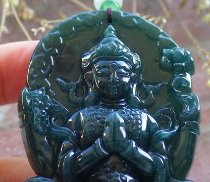 Certified Icy Blue Water Green Burma 100% Natural A Jade jadeite Pendant Guanyin Kwan Yin Lotus Flower Necklace 观音 642601  TN