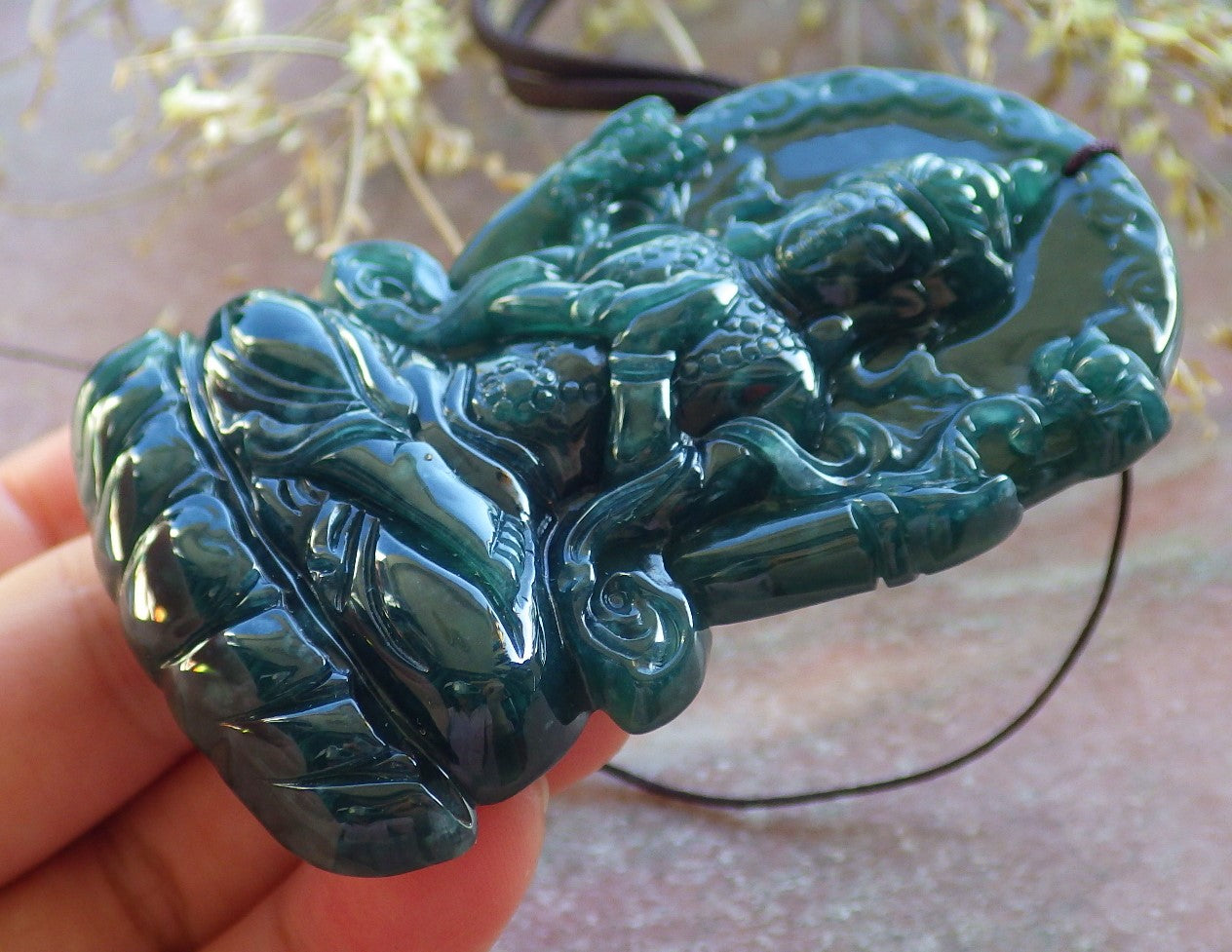 Certified Icy Blue Water Green Burma 100% Natural A Jade jadeite Pendant Guanyin Kwan Yin Lotus Flower Necklace 观音 642601  TN