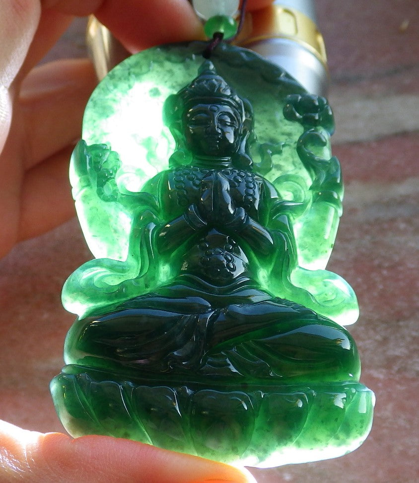 Certified Icy Blue Water Green Burma 100% Natural A Jade jadeite Pendant Guanyin Kwan Yin Lotus Flower Necklace 观音 642601  TN
