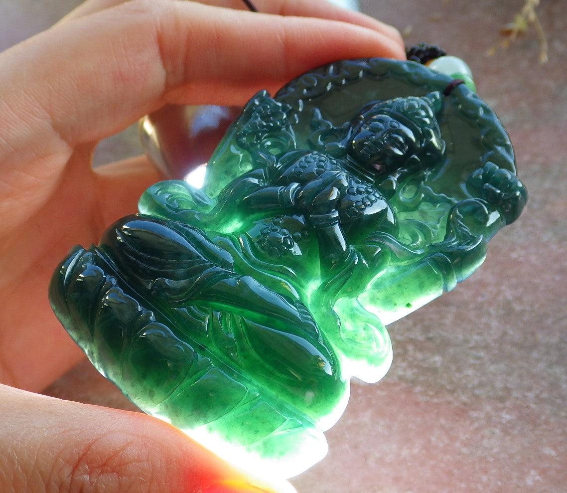 Certified Icy Blue Water Green Burma 100% Natural A Jade jadeite Pendant Guanyin Kwan Yin Lotus Flower Necklace 观音 642601  TN