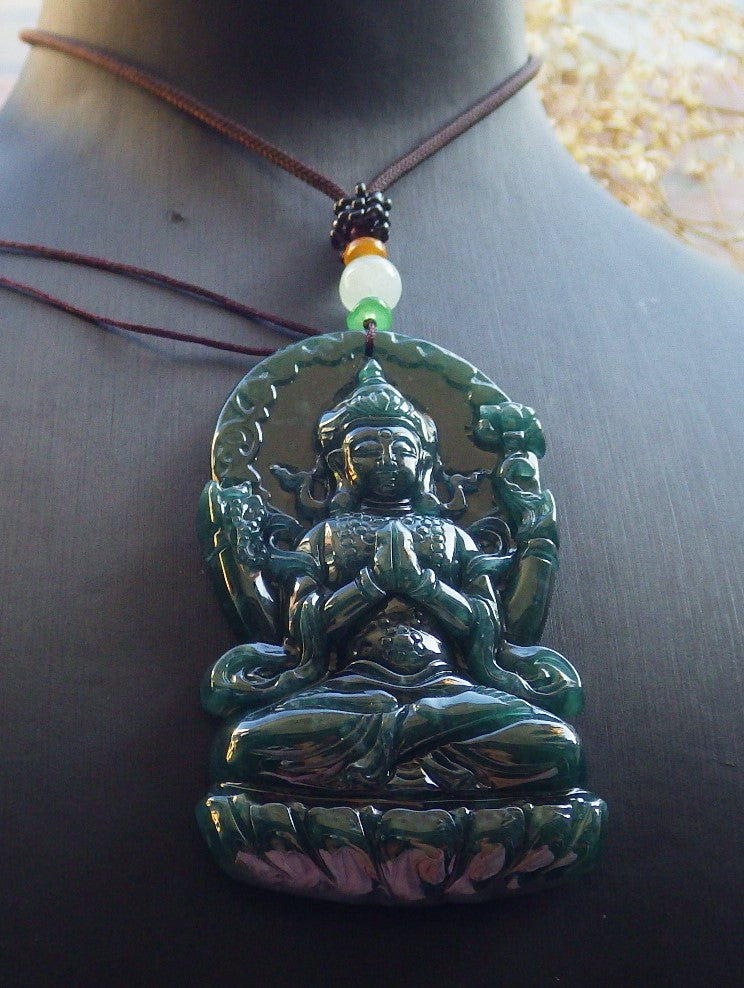 Certified Icy Blue Water Green Burma 100% Natural A Jade jadeite Pendant Guanyin Kwan Yin Lotus Flower Necklace 观音 642601  TN
