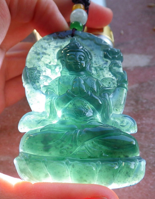 Certified Icy Blue Water Green Burma 100% Natural A Jade jadeite Pendant Guanyin Kwan Yin Lotus Flower Necklace 观音 632612  TN