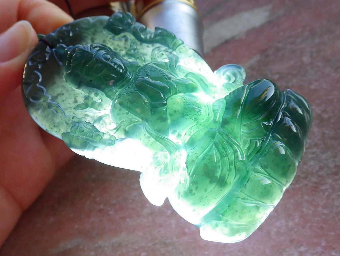 Certified Icy Blue Water Green Burma 100% Natural A Jade jadeite Pendant Guanyin Kwan Yin Lotus Flower Necklace 观音 632612  TN