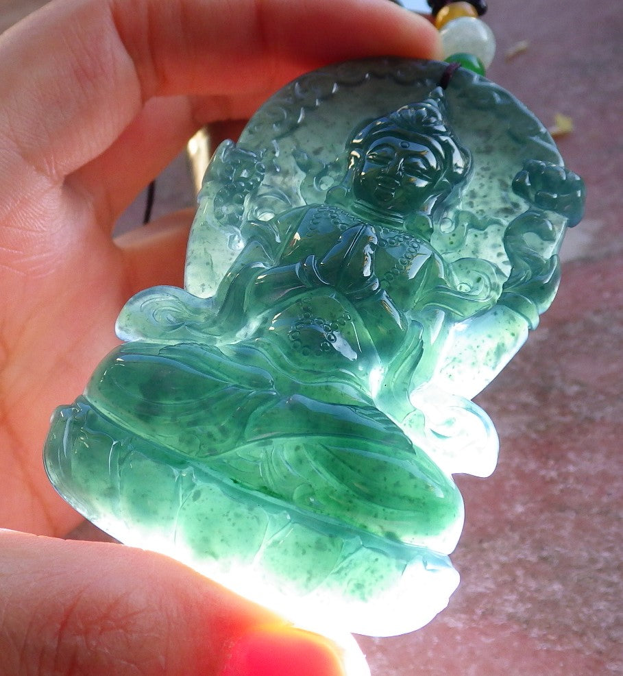Certified Icy Blue Water Green Burma 100% Natural A Jade jadeite Pendant Guanyin Kwan Yin Lotus Flower Necklace 观音 632612  TN