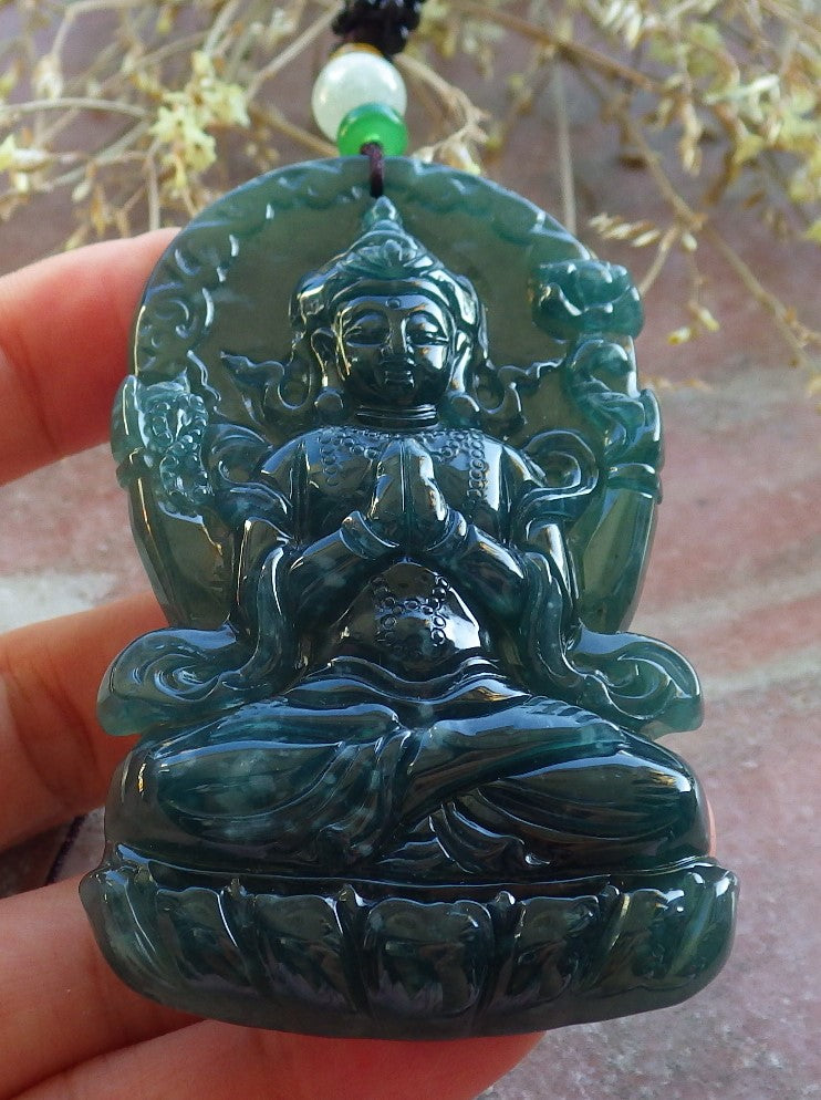 Certified Icy Blue Water Green Burma 100% Natural A Jade jadeite Pendant Guanyin Kwan Yin Lotus Flower Necklace 观音 632612  TN